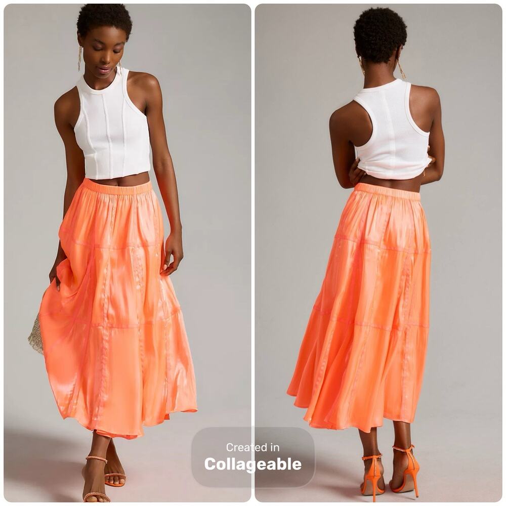 Anthropologie Parachute Maxi Skirt Size Medium Satin Bright Orange Fully Lined